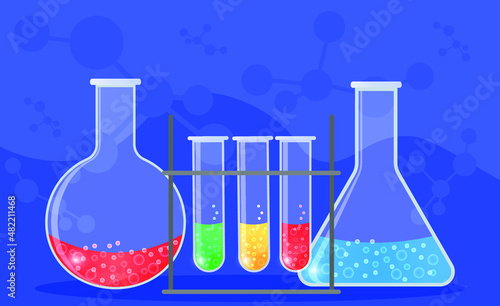 Science and education concept banner. Chemistry lab and science experiment. Pharmacy and science theme. Glass test tubes and flasks in a research laboratory