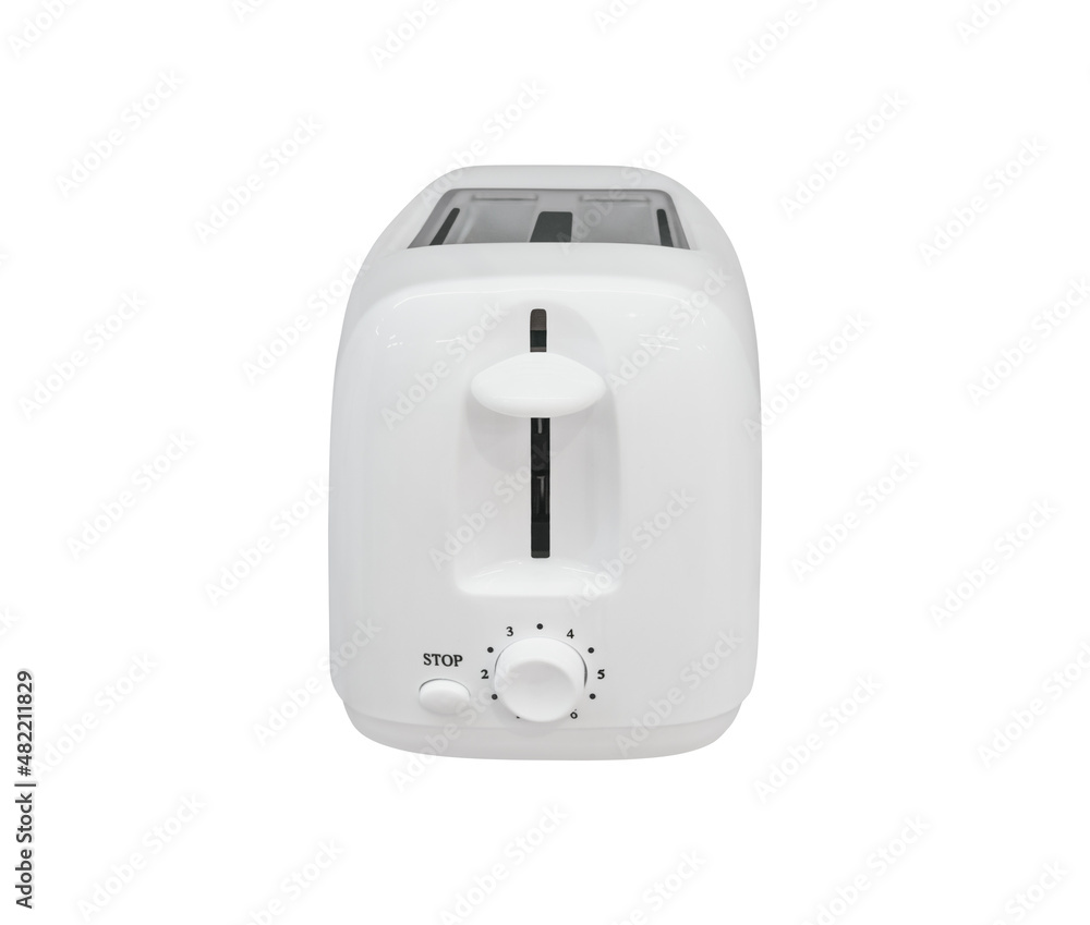 Plastic pop-up toaster isolated on white background. Electric appliance for making bread toasts Plastic pop-up toaster isolated on white background. Electric appliance for making bread toasts