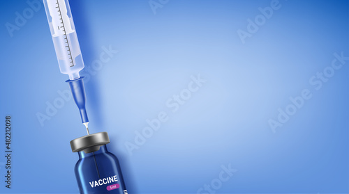Vaccine glass vial with needle of syringe inside. 3d vector banner
