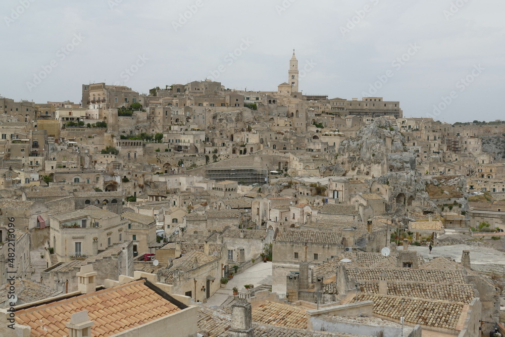 panorama of Sasso Caveoso in Matera with typical rupestrian churches excavated inside the rock