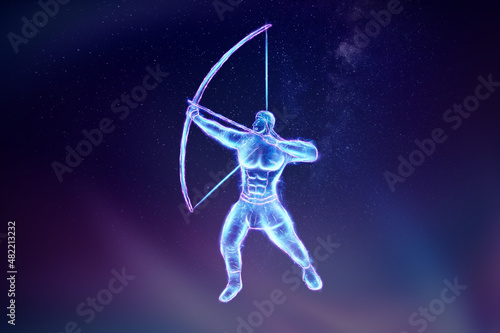 Muscular man with bow blue hologram, zodiac sign Sagittarius on a black background. The concept of horoscope, destiny, constellations, astrology, isoterics. 3D illustration, 3D render. © Aliaksandr Marko