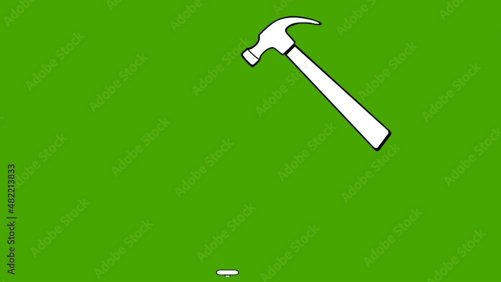 Animation of a hammer hitting a nail, drawn in black and white. On a green chroma key background Animation of a hammer hitting a nail, drawn in black and white. On a green chroma key background
