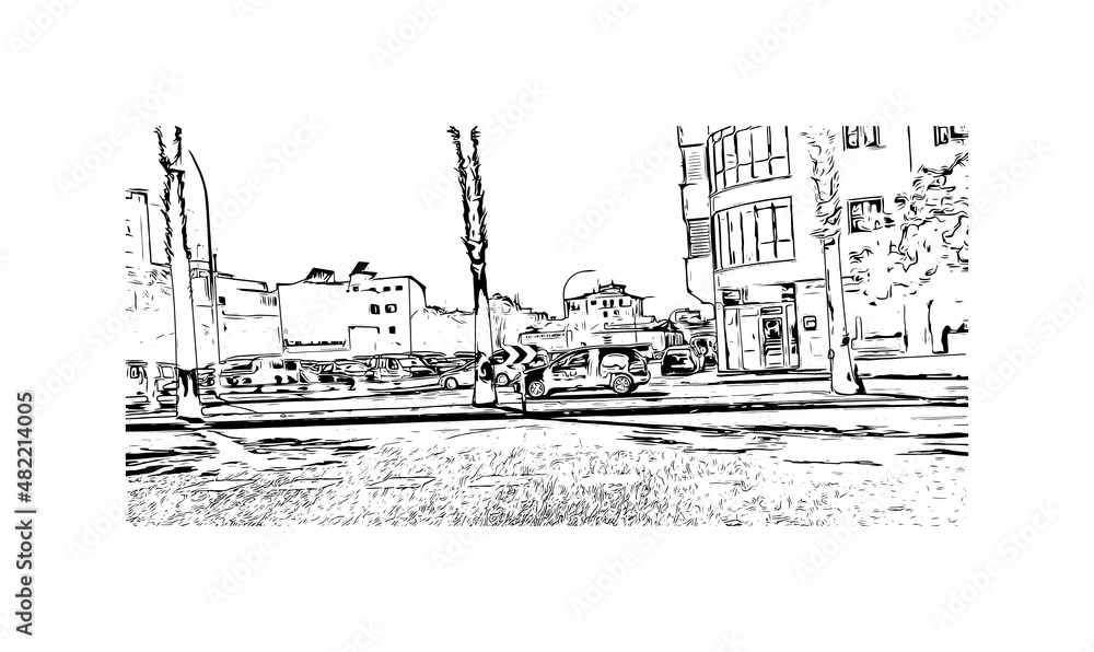 Building view with landmark of Manacor is the 
town in Spain. Hand drawn sketch illustration in vector.