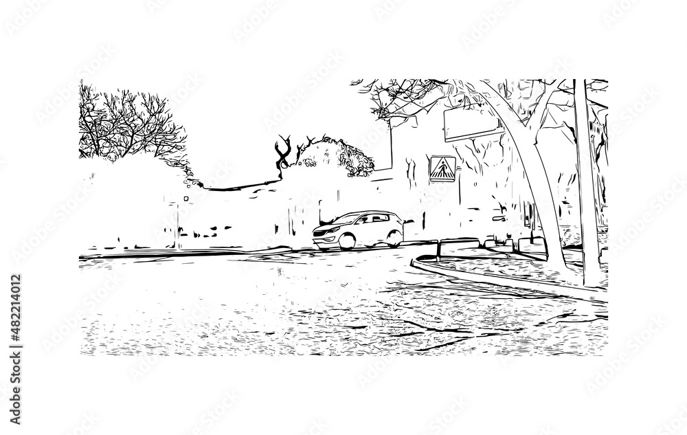 Obraz premium Building view with landmark of Manacor is the town in Spain. Hand drawn sketch illustration in vector.