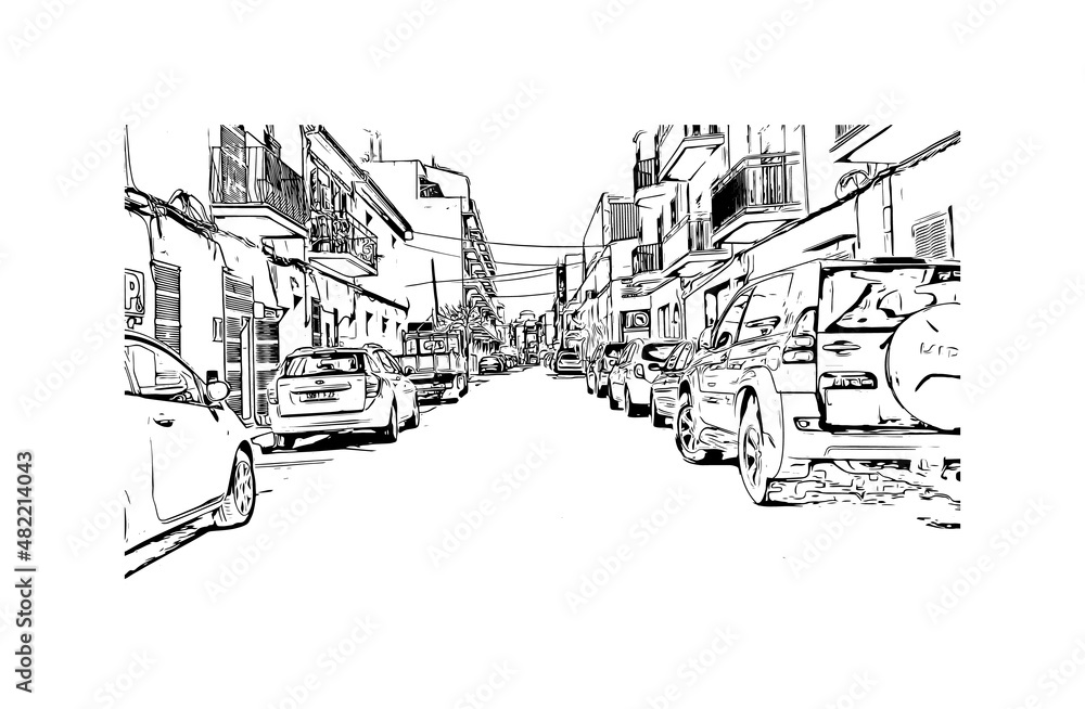 Building view with landmark of Manacor is the 
town in Spain. Hand drawn sketch illustration in vector.