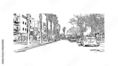 Building view with landmark of Manacor is the town in Spain. Hand drawn sketch illustration in vector.