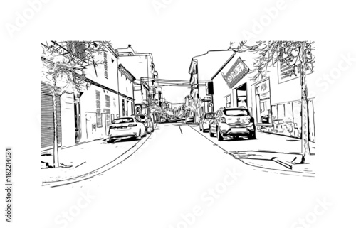 Building view with landmark of Manacor is the  town in Spain. Hand drawn sketch illustration in vector.