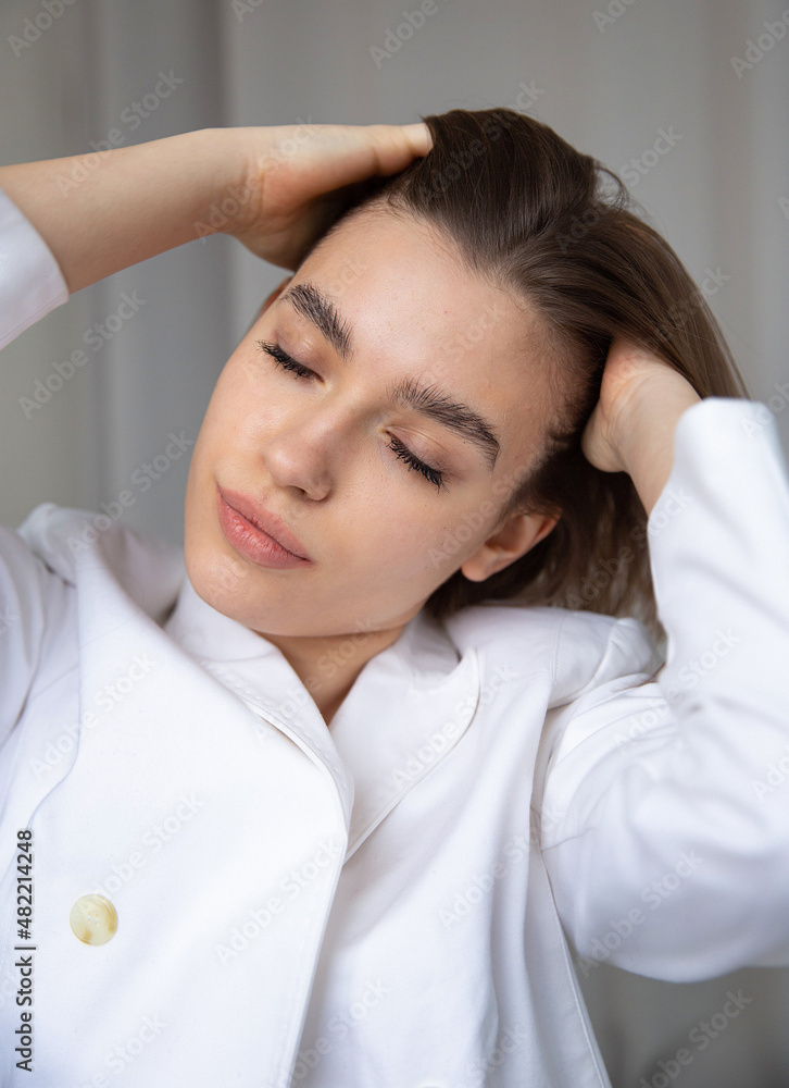 Portrait of white european woman with bob cut and closed eyes Portrait of white european woman with bob cut and closed eyes