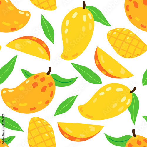 Seamless vector pattern with cute mango fruit and mango slices