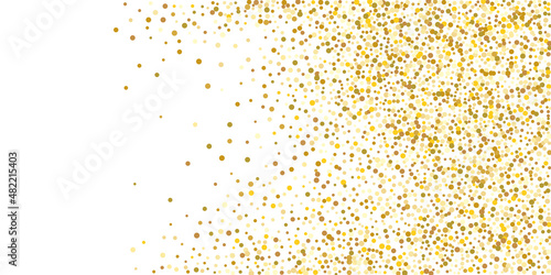 Gold small confetti on a white background. Luxurious festive Christmas background. Gold glittering abstract texture. Design element. Vector illustration, EPS 10.