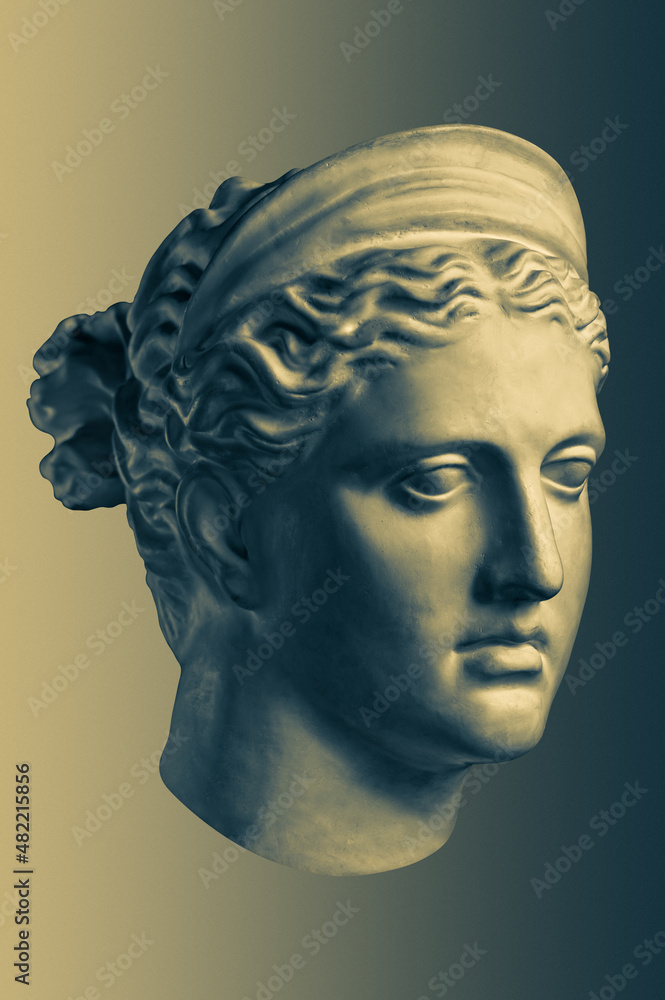 Bronze color gypsum copy ancient statue Diana head goddess of nature and hunting for artists on brass background. Renaissance. Plaster sculpture of woman face. Template art design dj, fashion, poster. Bronze color gypsum copy ancient statue Diana head goddess of nature and hunting for artists on brass background. Renaissance. Plaster sculpture of woman face. Template art design dj, fashion, poster.