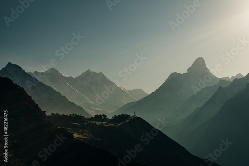 panorama view of Mount Everest massif Nuptse, Lhotse and Ama Dablam from Namche Bazar, Himalayas, Nepal. photo