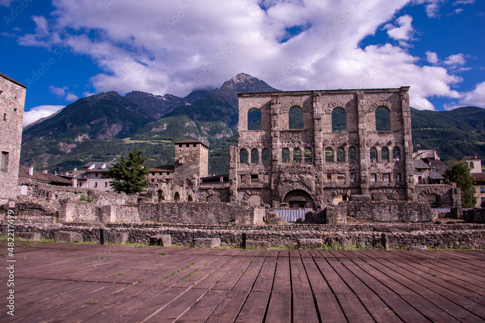 Fototapeta premium Spectacular Roman theatre in Aosta Town, Aosta Valley, Italy.