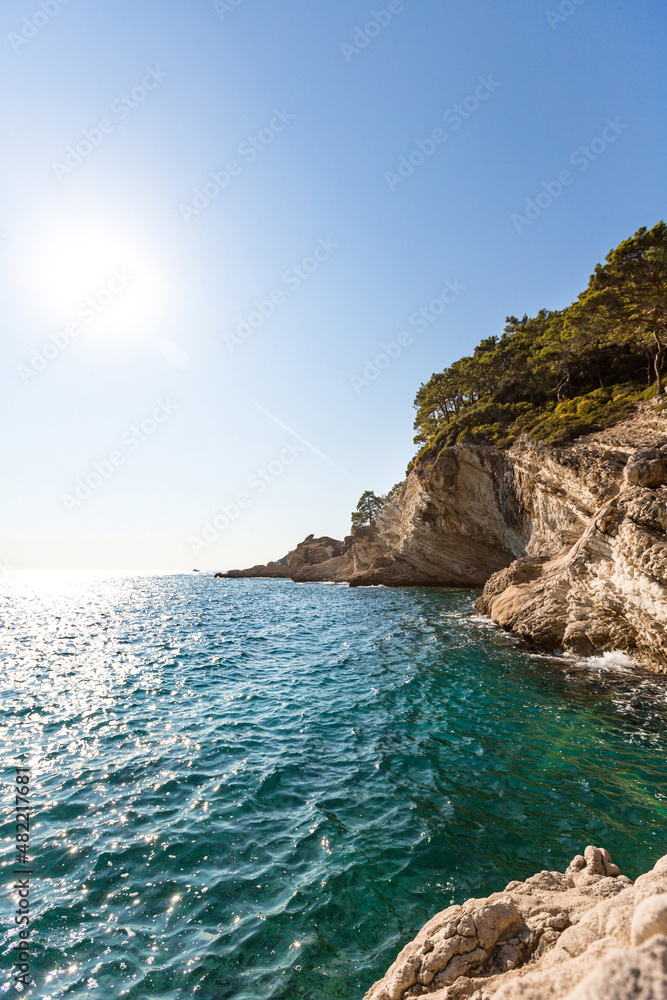 beautiful landscape with azure sea and big rocky mountains in summer