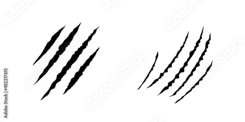 Set of black bloody claws animal scratch scrape track. Cat, tiger, bear, lion scratches paw shape. Four nails trace. Funny design element. Vector illustration isolated on white background
