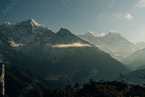 panorama view of Mount Everest massif Nuptse, Lhotse and Ama Dablam from Namche Bazar, Himalayas, Nepal. photo