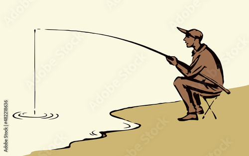 Vector drawing. Fisher at the river