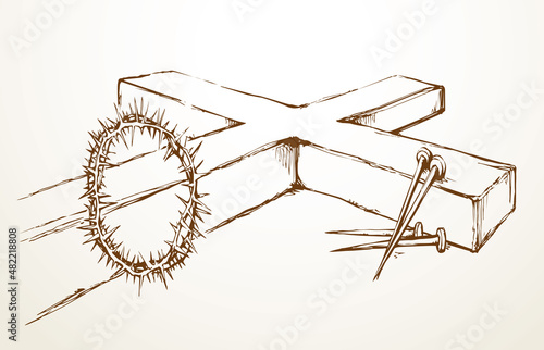 Wooden cross and iron nails. Vector drawing