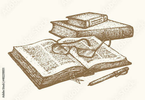 Vector still life. Old books, paper, pen