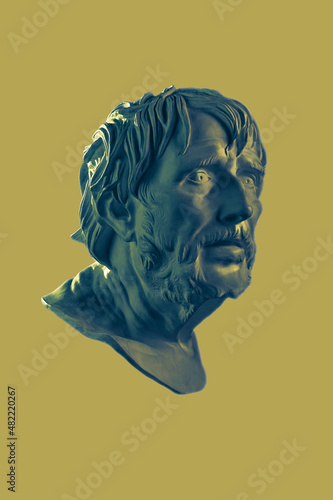 Colorful gypsum copy of ancient statue of Lucius Seneca head for artists on a dark textured background. Seneca 4 BC-65 AD Roman stoic philosopher, statesman and tutor to the future Emperor Nero.