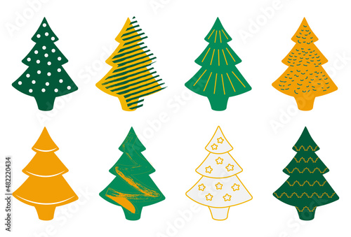 Set of isolated colorful Christmas trees with patterns on a white background