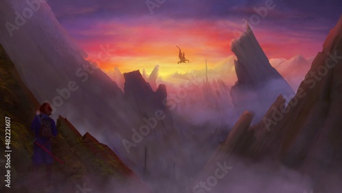 Dragon hunter spotting a dragon in the mountains