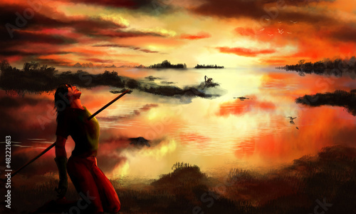 Digital landscape painting a lost battle near a lake