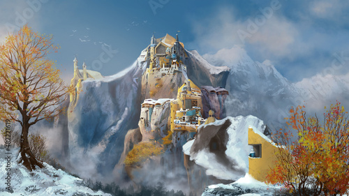 Digital landscape painting of a castle in the mountains