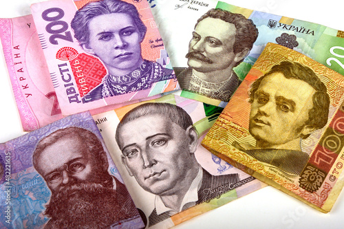 Banknotes of the Ukrainian national currency close-up. photo