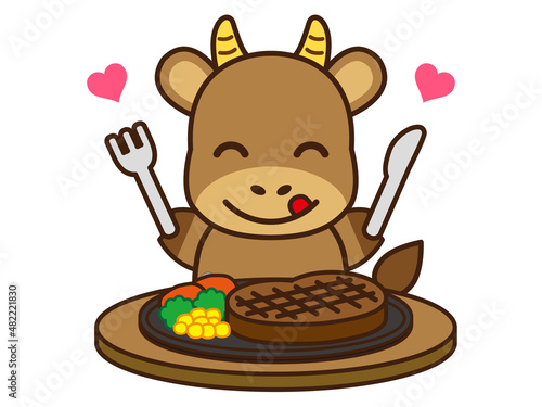 ステーキを食べる茶色い牛のイラスト