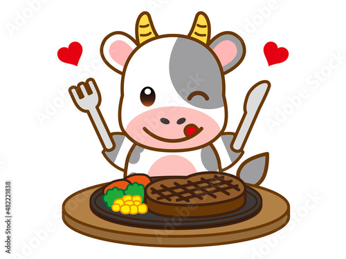 ステーキを食べる牛のイラスト素材