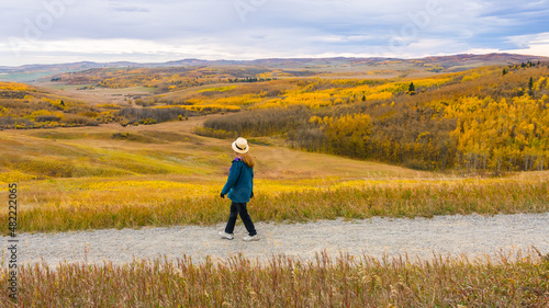 Woman traveler walking on a trail looking at beautiful autumn color forest valley. Rural Alberta prairie field landscape wallpaper photo
