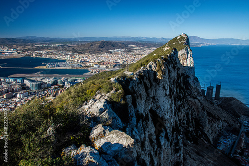Gibraltar Rock, United Kingdom, Europe and La Linea town in Spain on the Mediterranean coast.
