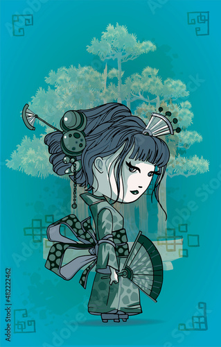 Beautifull cart japanese girls stand in kimono. Young Geisha old traditional kimono makeup maiko hair style shy vector illustration isolated