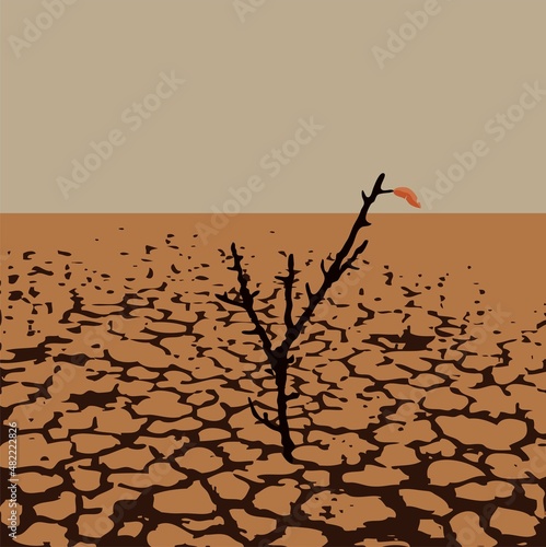 vector illustration of a lonely tree in dry desert land