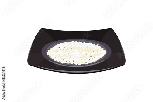 White rice on black square plate. Vector illustration of cereal garnish.