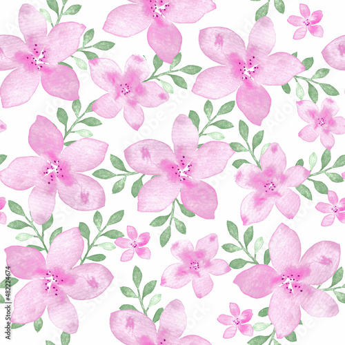 Seamless pattern with pink flowers on white background, watercolor