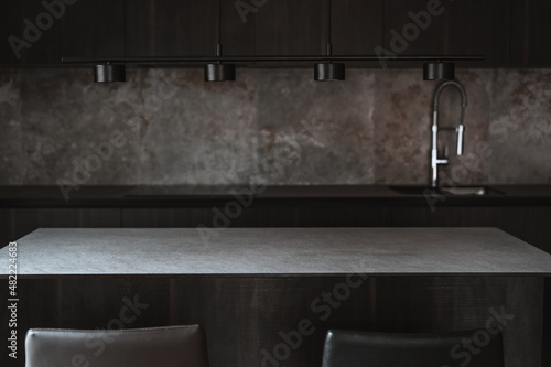 Dark grey kitchen design - detail of interior. Interior lighting plan.