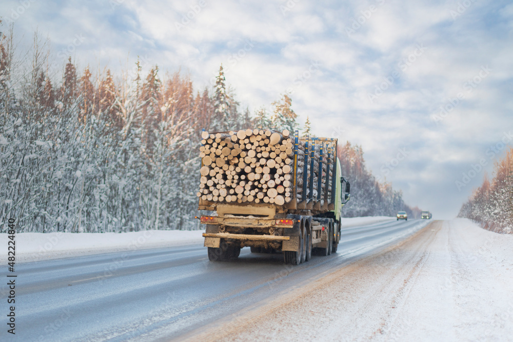 A logging truck carries lumber along a winter highway.