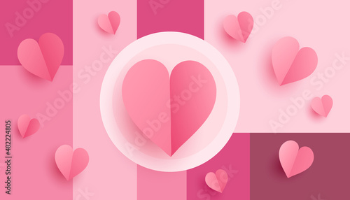 Vector pink background with postcards in form of hearts for Valentine's Day