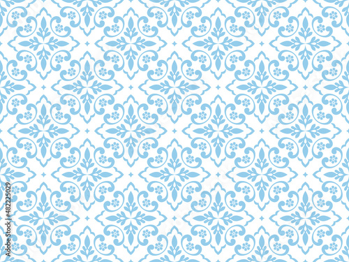 Wallpaper in the style of Baroque. Seamless vector background. White and blue floral ornament. Graphic pattern for fabric, wallpaper, packaging. Ornate Damask flower ornament