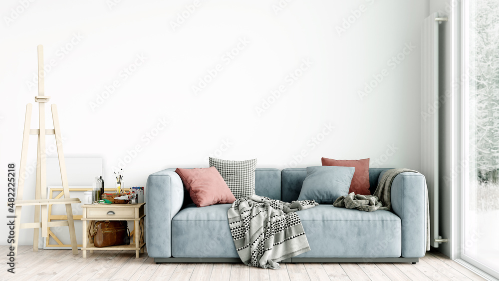 Modern stylish interior of the living room, a room with a wooden floor and a large window. 3D rendering Modern stylish interior of the living room, a room with a wooden floor and a large window. 3D rendering