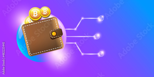 Cryptocurrency wallet concept illustration with wallet and crypto coins isolated on violet background. Crypto wallet landing page and poster design template. Crypto wallet for bitcon, solana, ethereum