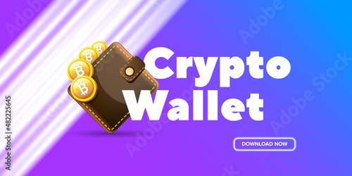 Cryptocurrency wallet concept illustration with wallet and crypto coins isolated on violet background. Crypto wallet landing page and poster design template. Crypto wallet for bitcon, solana, ethereum
