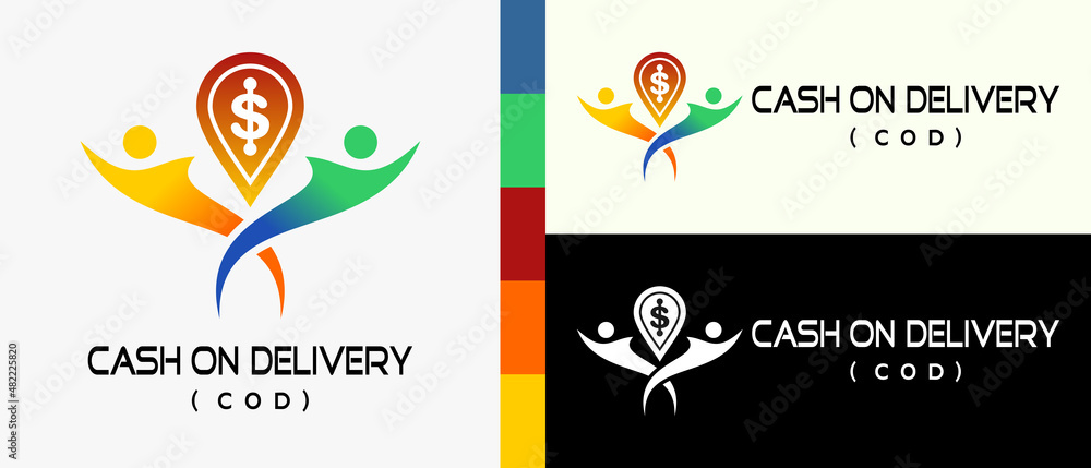 cash on delivery logo design template with people icon, pin and currency icon elements in creative concept. premium logo illustration vector