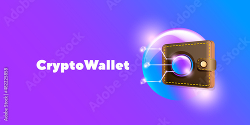 Cryptocurrency wallet concept illustration with wallet and crypto coins isolated on violet background. Crypto wallet landing page and poster design template. Crypto wallet for bitcon, solana, ethereum