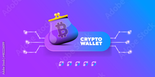 Cryptocurrency wallet concept illustration with wallet and crypto coins isolated on violet background. Crypto wallet landing page and poster design template. Crypto wallet for bitcon, solana, ethereum