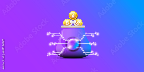 Cryptocurrency wallet concept illustration with wallet and crypto coins isolated on violet background. Crypto wallet landing page and poster design template. Crypto wallet for bitcon, solana, ethereum