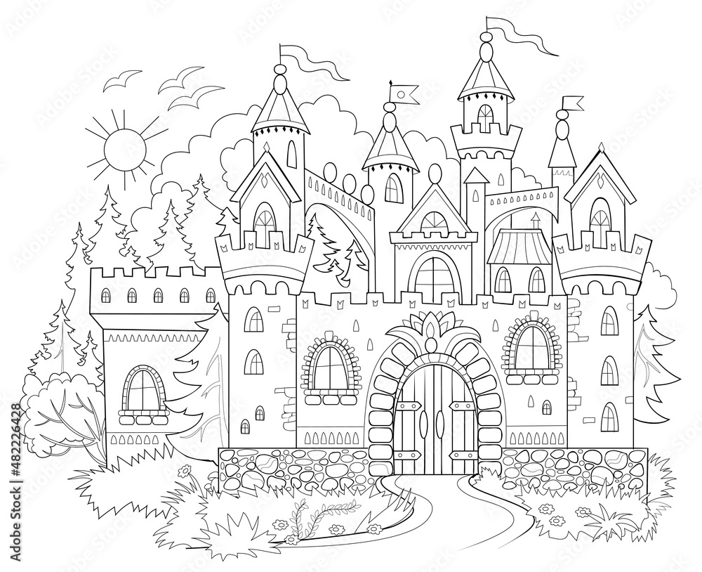 Fantasy illustration of medieval castle. Fairyland kingdom. Black and white page for kids coloring book. Worksheet for drawing and meditation for children and adults. Ancient French architecture.