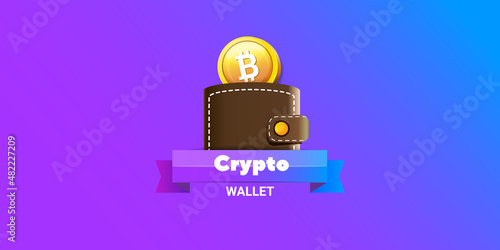 Cryptocurrency wallet concept illustration with wallet and crypto coins isolated on violet background. Crypto wallet landing page and poster design template. Crypto wallet for bitcon, solana, ethereum
